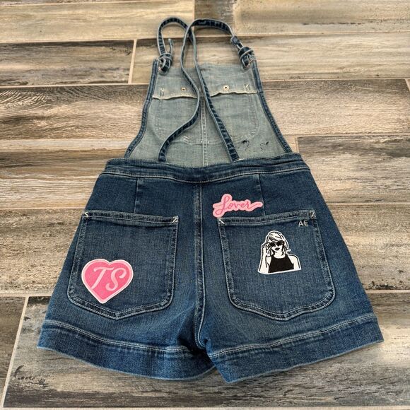 American Eagle High Rise Super Stretch Jean Short Overalls Music Patches S. 2 - Picture 4 of 7